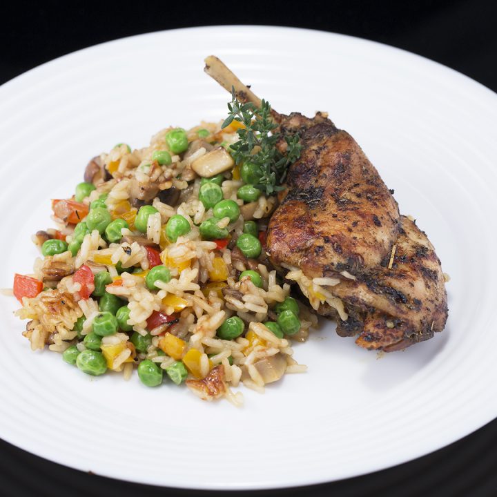 Roasted Rabbit Legs with Veggie Rice