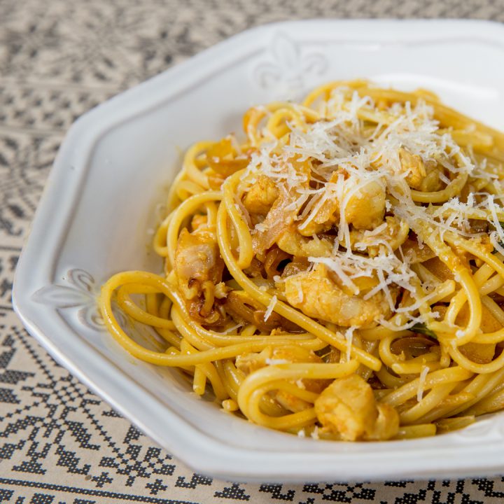 Pangasius and Onion Sauce Spaghetti