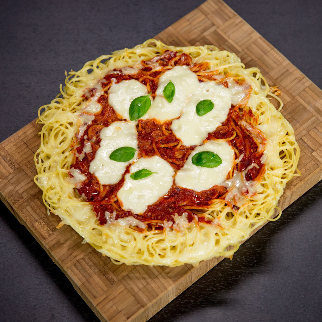 Spaghetti Pizza with Goat Cheese