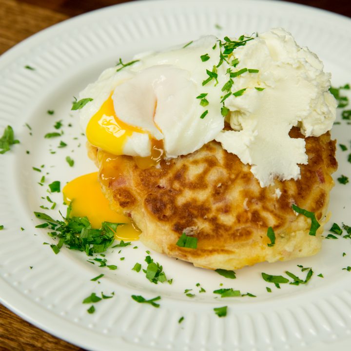 Bacon and Cheese Fritters with Poached Egg
