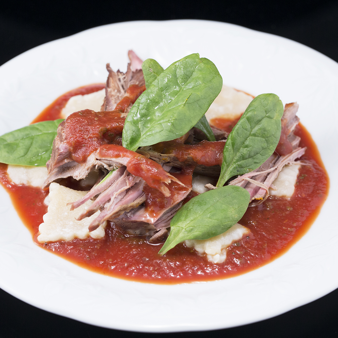Lamb Shanks with Puff Pastry Ravioli and Tomato Sauce