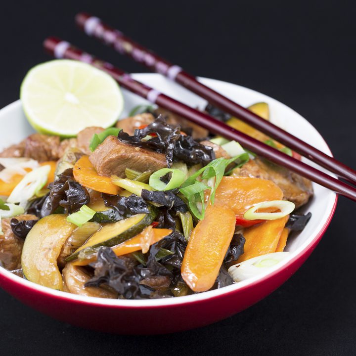 Stir-Fried Pork with Dried Mushrooms and Veggies