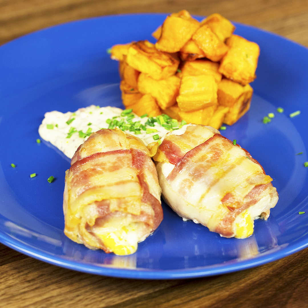 Bacon-Wrapped Chicken with Fried Sweet Potatoes
