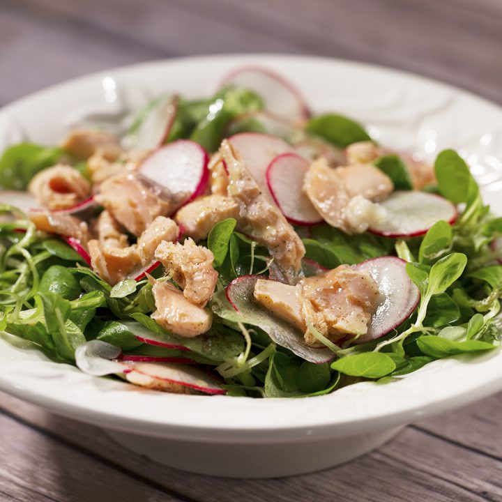 Poached Salmon with Valerian and Radish Salad