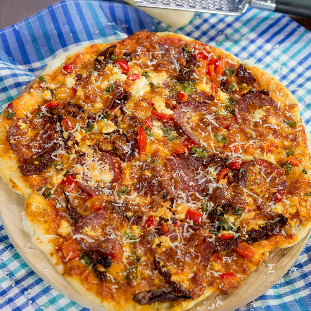 Salami, Goat Cheese and Cheddar Pizza