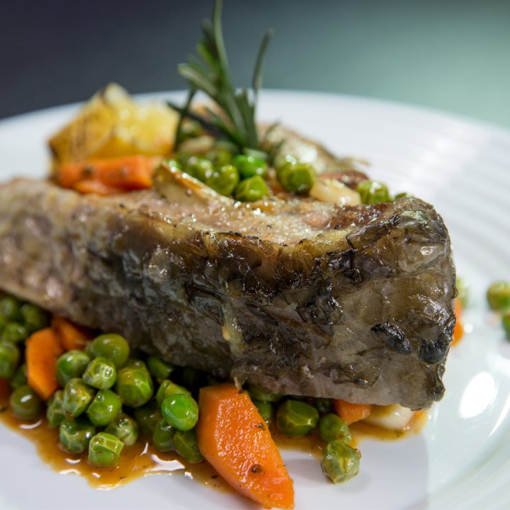 Roasted Carp Steak with Carrots and Peas