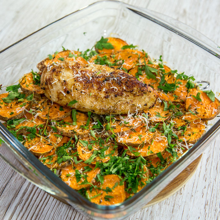 Fried and Roasted Chicken Breast on Sweet Potatoes