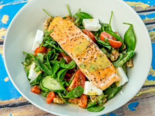 Salmon and Baby Spinach Salad with Mustard Dressing