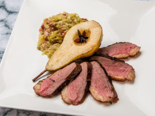 Seared Duck Breast with Caramelized Pear and Cabbage