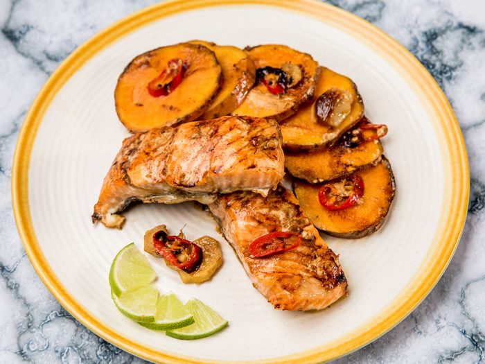 ginger baked salmon with sweet potatoes