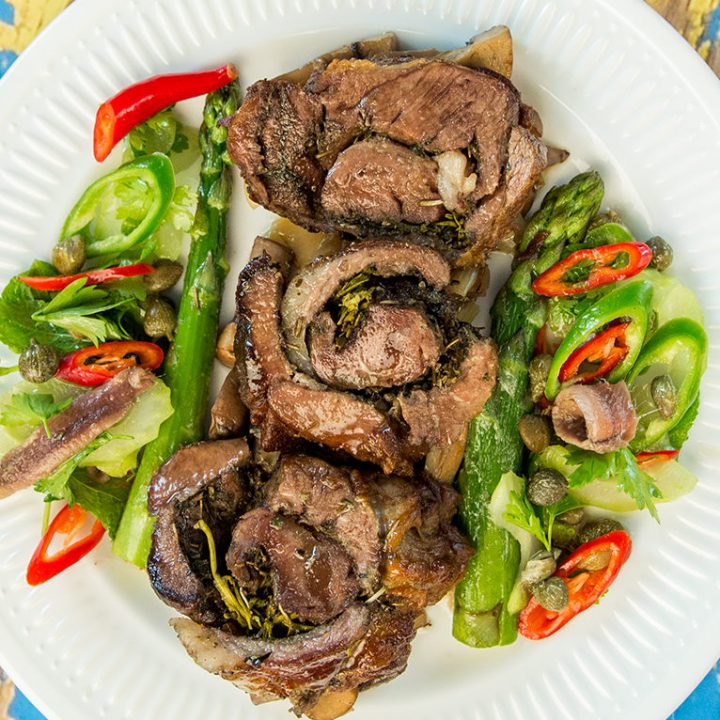 Lamb Breast Roll with Fried Asparagus