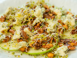 Cheesy Fried Walnuts, Apple, and Broccoli Sprouts
