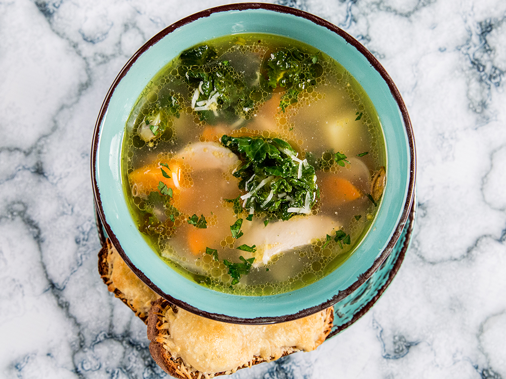 Vegetable Chicken Soup with Parmesan Bread