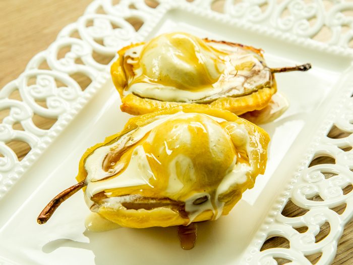 pears in puff pastry with ice cream on top
