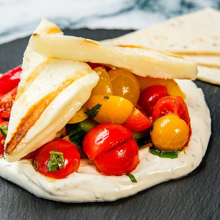 Grilled Halloumi with Feta Sauce and Vegetable Salad