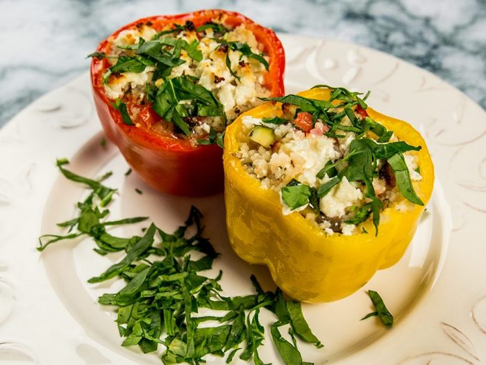 chicken, feta and couscous stuffed peppers
