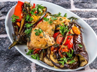 Baked Eggplant Fan and Chicken Thighs