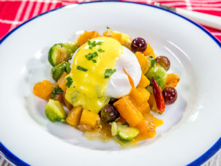 poached egg with vegetable skillet