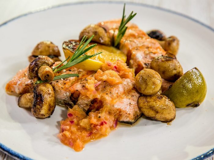 Grilled Salmon with Aromatic Mushrooms