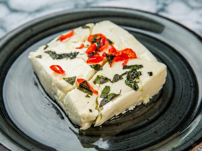 baked feta with chili and basil