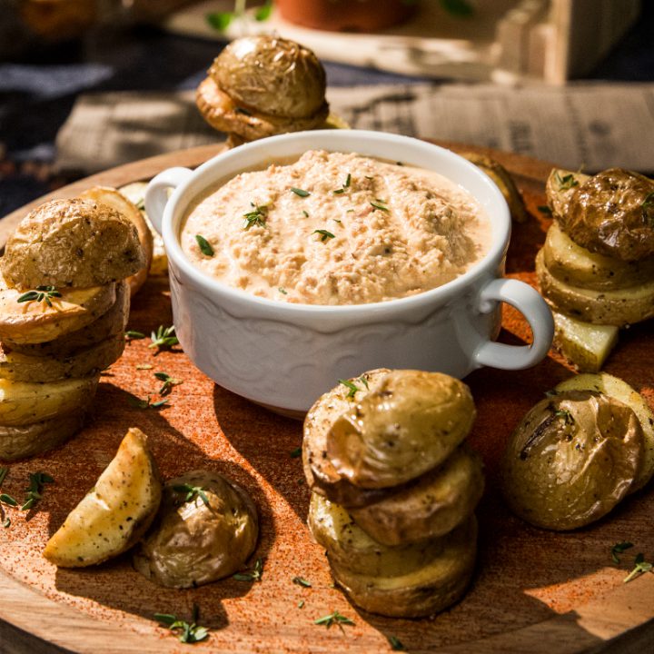 Baked Potato Snack with Hot Almond Dip