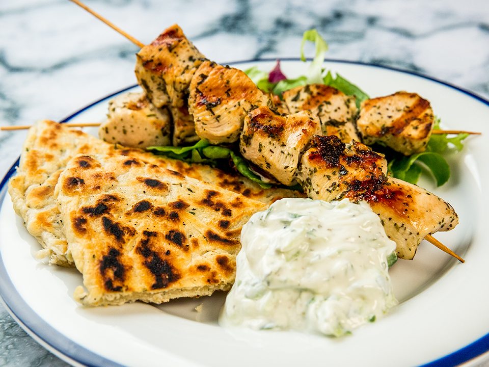 Oregano Chicken Breast Skewers and Pita with Tzatziki