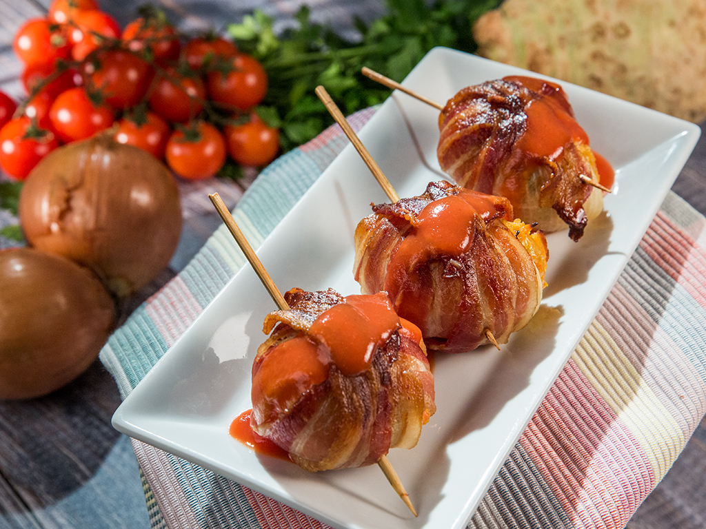 BaconWrapped Veggie Onion Bombs