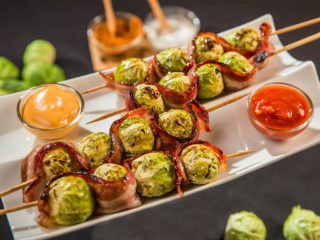 honey glazed brussel sprouts and bacon skewers