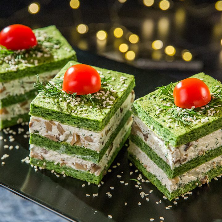 Cheesy Spinach Squares with Pickled Mushrooms