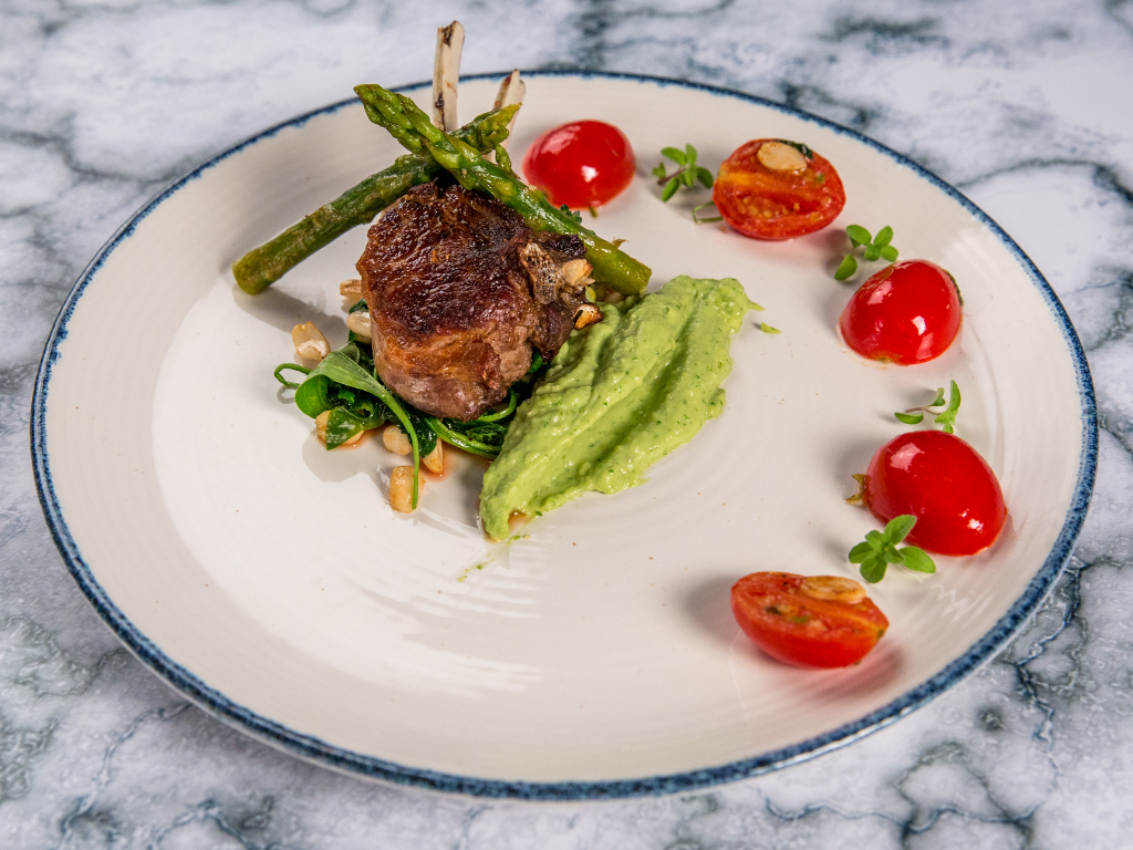 Lamb Ribs with Avocado Mash and Sauteed Veggies