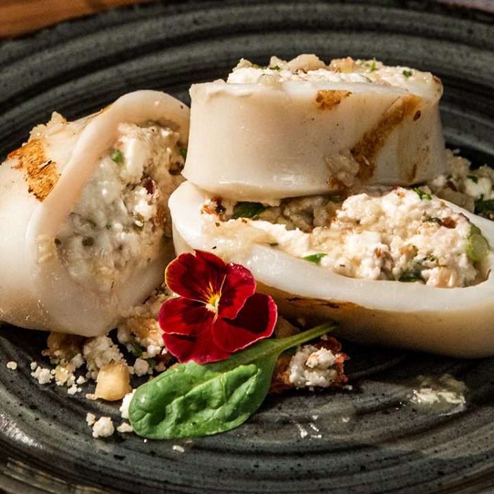 Feta and Walnut Stuffed Squid with Garlic Sauce
