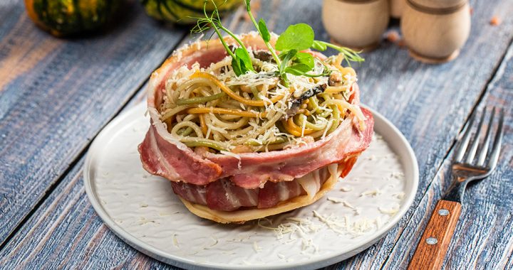 Mushroom Spaghetti in Bacon Nest
