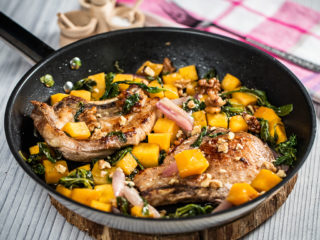 Roasted Pork Chops with Spinach and Squash