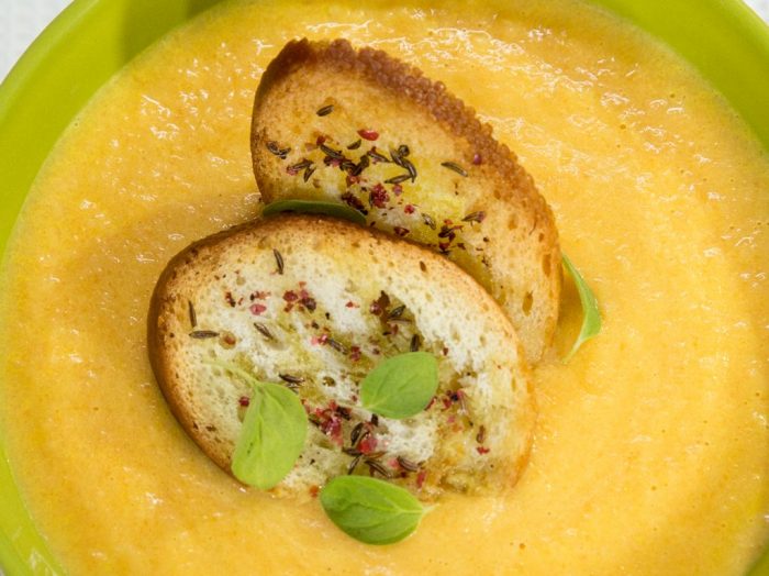 Celery and Carrot Cream Soup with Spicy Bread