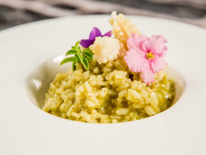 Pesto Risotto with Fried Squid