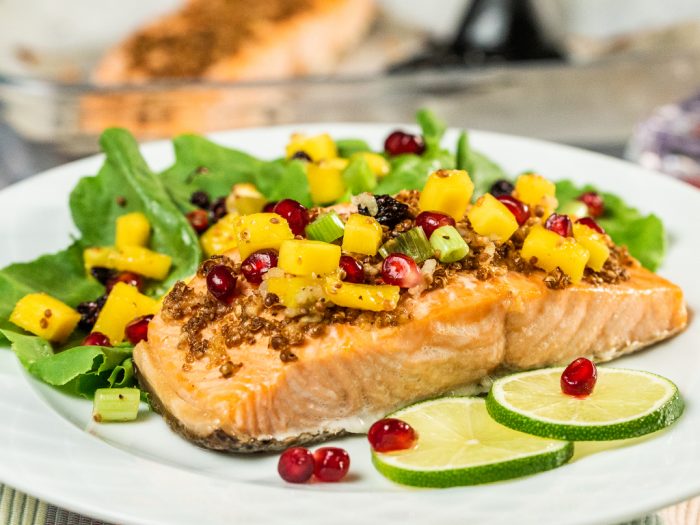 Salmon with Mango, Pomegranate and Blueberry Salsa