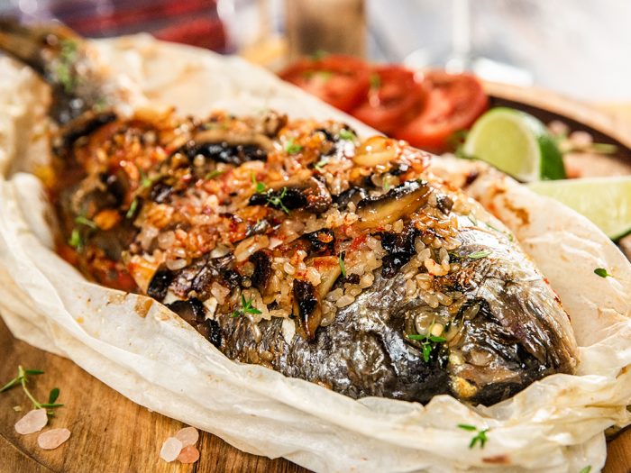 Sea Bream Stuffed with Rice and Mushrooms