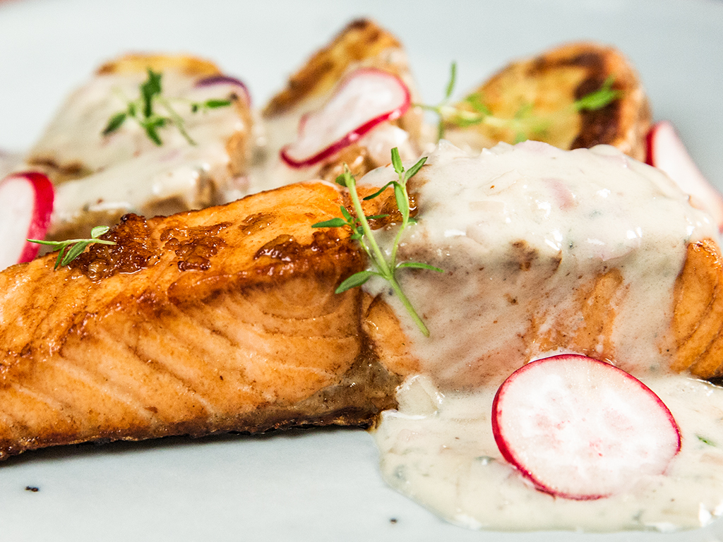 Soy-Glazed Salmon with Baked Potatoes and Creamy Sauce