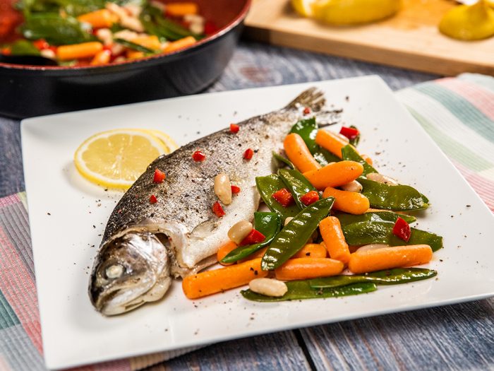 Whole Baked Trout with Beans, Snow Peas and Baby Carrots