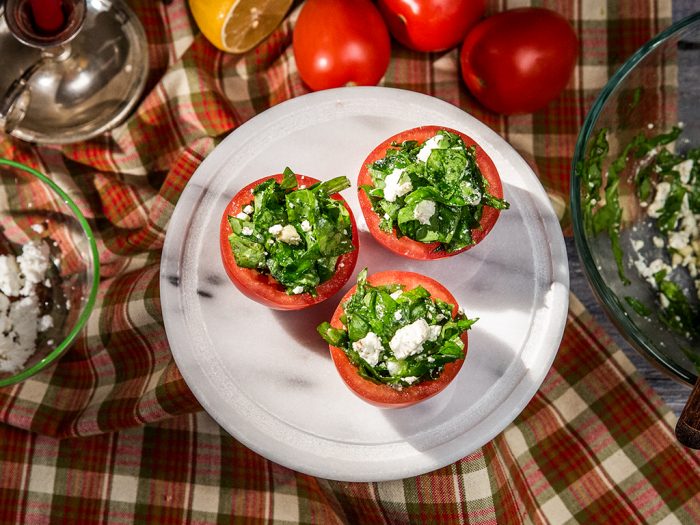 Garlicky Spinach and Feta Salad in Tomato Halves