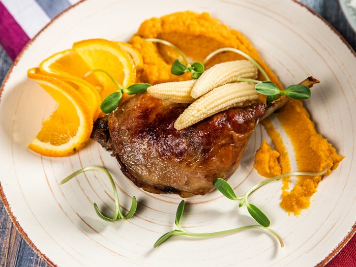 Spiced Duck Leg Confit with Butternut Squash Puree