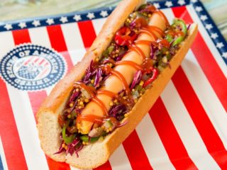 Red Cabbage and Pickle Baguette Hot Dog