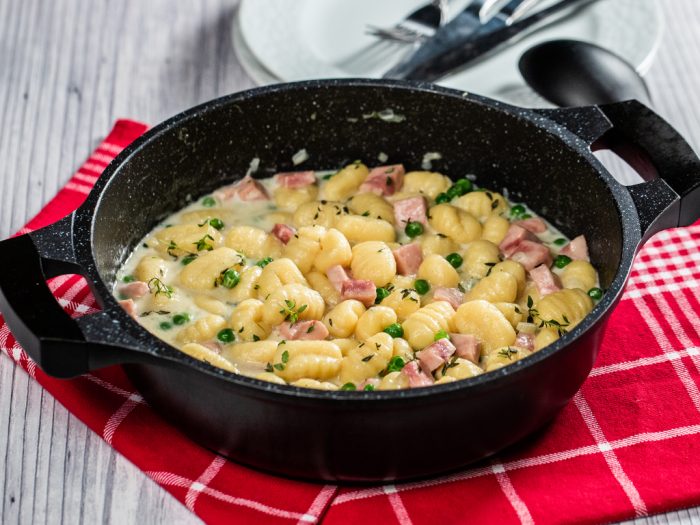 Potato Gnocchi with Ham and Peas