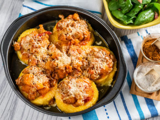 Cheesy Polenta Medallions with Sausage Stew