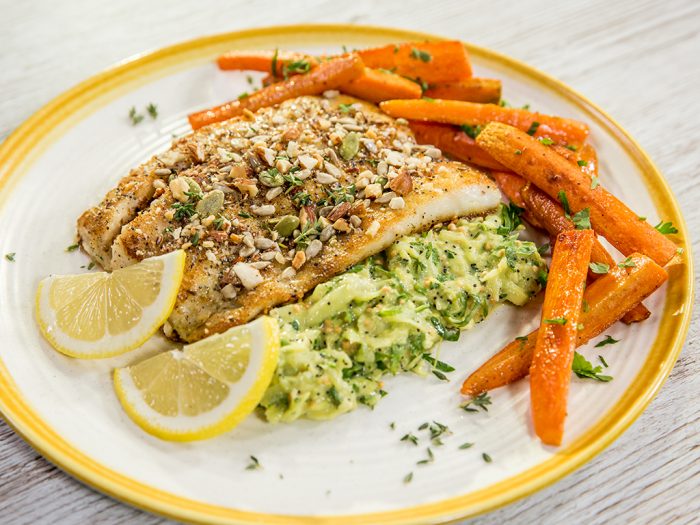 Almond-Crusted Sea Bass with Celery Remoulade and Carrots