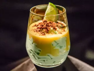 Curacao and Mascarpone Mousse with Pineapple Sauce