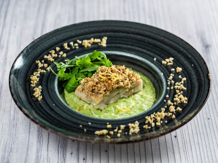 Nut-Crusted Cod Fillet with Pea Puree