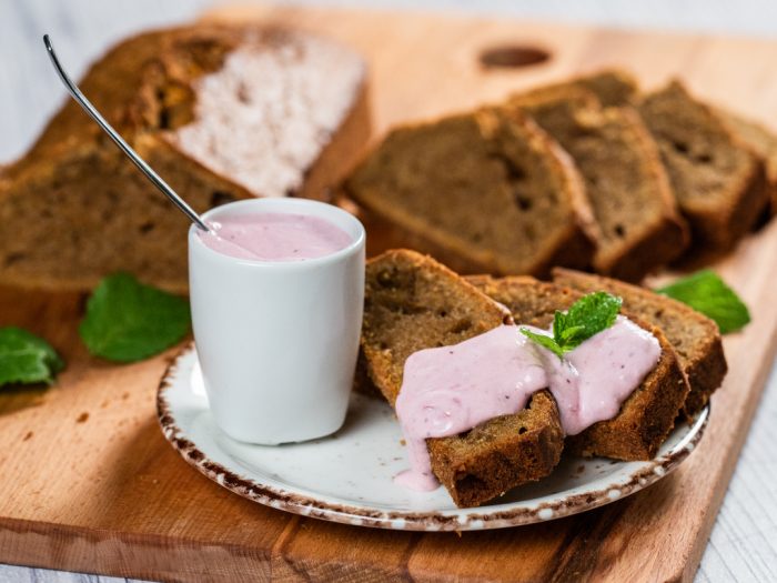Ginger Carrot Loaf Cake with Red Currant and Yogurt Sauce
