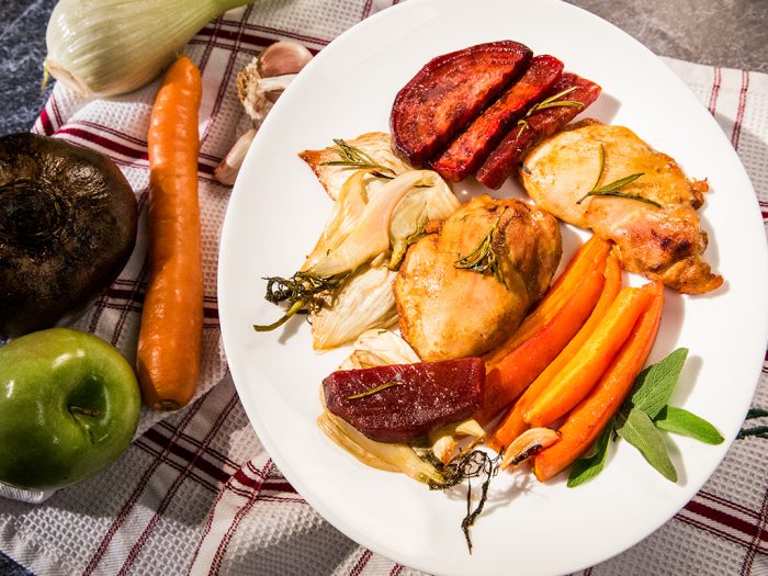 One-Pan Beetroot and Carrot Roasted Chicken Thighs