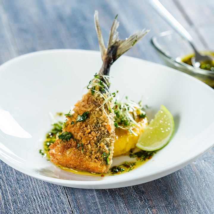 Crispy Mackerel Tail with Grilled Polenta